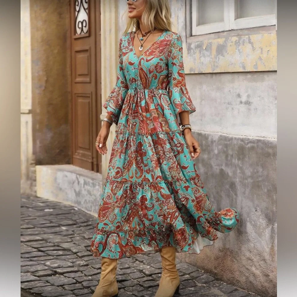 Boho floral paisley print maxi dress